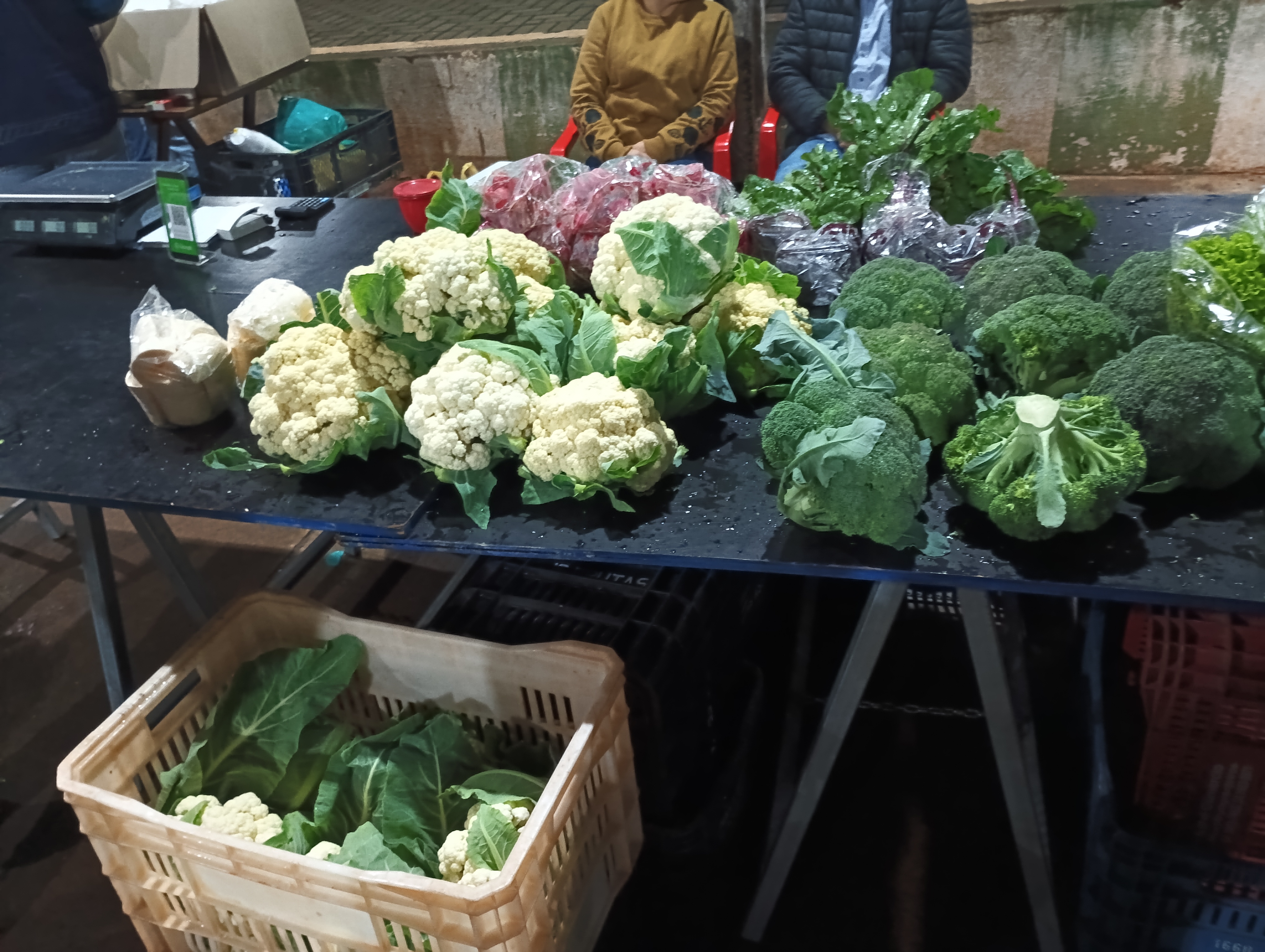 bancada com verduras disponíveis na feira